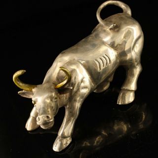 Chinese Old Copper Plating Silver Hand - Made Gold Drawing Cow Statue D02e