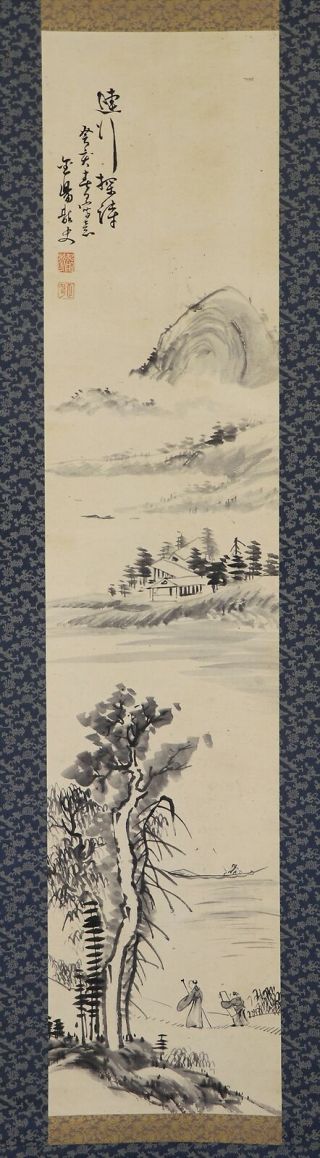 Japanese Hanging Scroll Art Painting Sansui Landscape Asian Antique E8090