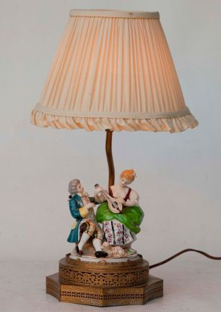 Vintage Porcelain Figural Lamp (couple) With Lute And Dog German W/shade