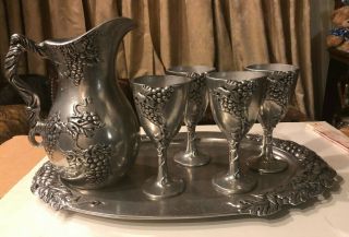. Carson Statesmetal Vineyard Elegance Cast Pewter Pitcher,  4 Goblets And Tray.