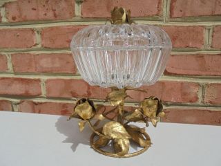 Scarce Vintage Italian Tole Gilt Rose & Crystal Glass Covered Compote Italy