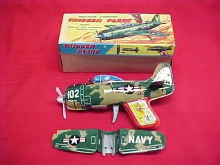 Ca 1950s - 1960s Friction Powered Trigger Plane Tin Toy W/ Box; Japan; Vg