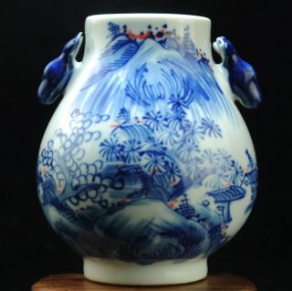 Old China Blue White Porcelain Deer Head Statue Paysage Cup Bottle Pot Vase B01