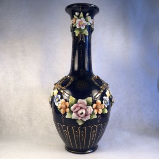 Vintage Large 16” Cobalt Vase Applied Flower Sashes W/ Gold Ribbon Hand Painted