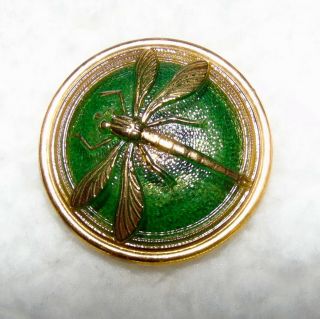 Vintage Dragonfly Green Glass Button 611