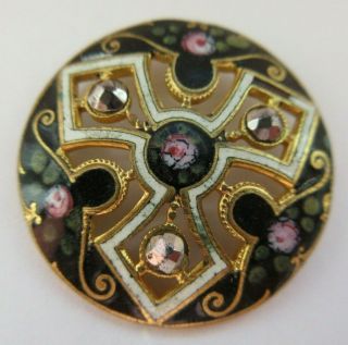Exquisite Antique Vtg Pierced French Champleve Enamel Button W/ Cut Steels (e)