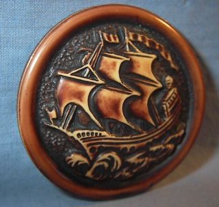 Vintage Picture Button Celluloid Sailing Ship 1 & 11/16 " Very