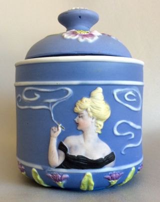 Antique German Bisque Schafer & Vater Tobacco Dresser Jar Smoking Risqué Lady