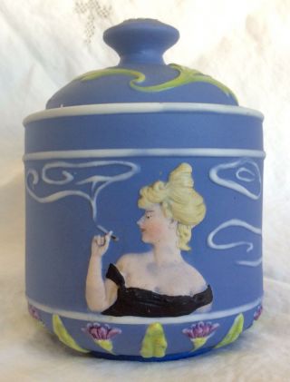 Antique German Bisque Schafer & Vater Tobacco Dresser Jar Smoking Risqué Lady 3