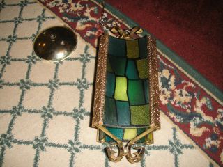 Vintage Mid Century Modern Hallway Chandelier Lamp - Green & Yellow Glass Panels