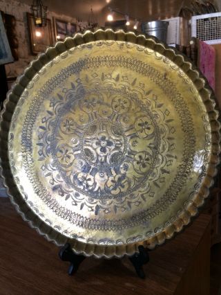 Vintage Antique Large Brass Middle Eastern Bohemian Tray Charger Size Is 17”