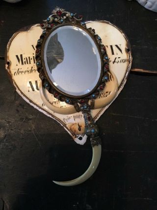 ANTIQUE TUSK HORN HAND MIRROR 29 CABOCHONS RARE 2