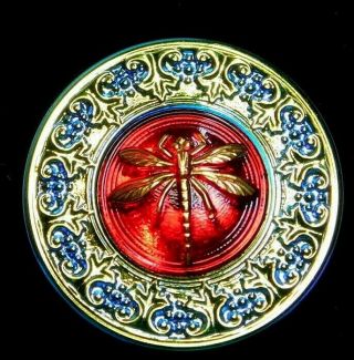 Large Vintage Button Red Glass Dragonfly With Irridescent Blue Border C8