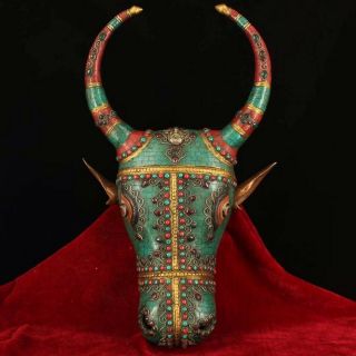 Tibetan Buddhism Old Copper Hand - Set Gemstone Bull Head Hanging Ornament