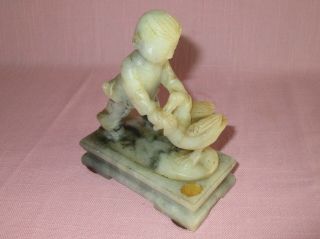 Antique Chinese Soapstone Carving Figurine Sculpture Boy Feeding Duck 5 "