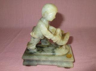 Antique Chinese Soapstone Carving Figurine Sculpture Boy Feeding Duck 5 