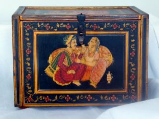 Vintage Indian Marriage Chest Handpainted With Mughal Figures Of Bride & Groom