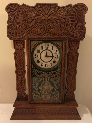 Antique E Ingraham Gingerbread Gong Eight Day Shelf Mantle Clock Great