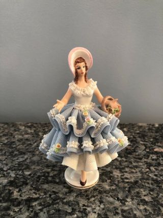 Dresden Lace Figurine “west Germany” Lady In Blue Dress With Bonnet
