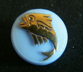 Vintage Kiddie Blue Glass Button W A Fish Painted Gold Raised Relief