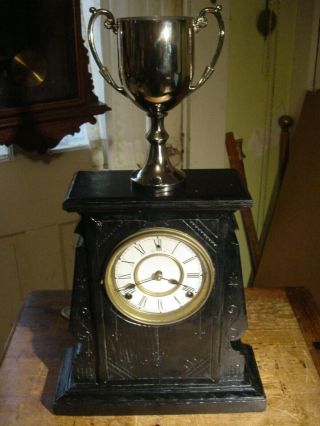 Antique Wm.  Gilbert 1890 Black Enamel " Trophy " 8 Day Shelf Clock Well