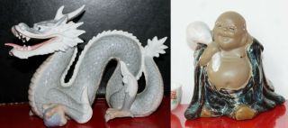 An 21 Cm Chinese 4 - Claws Polychrome Dragon,  Shiwan Pottery Of Bu Dai Monk