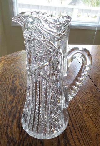 Antique American Brilliant Cut Crystal Pitcher Beveled Applied Handle