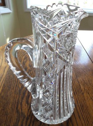 ANTIQUE AMERICAN BRILLIANT CUT CRYSTAL PITCHER BEVELED APPLIED HANDLE 3