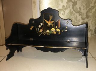 Antique Chinese Chinoiserie Black Lacquer Fold Out Bench Shelf Bird Fish Flowers