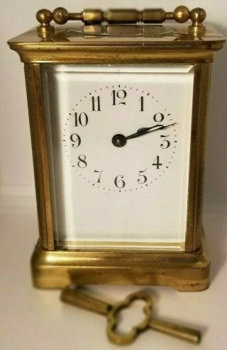 Antique French Brass Carriage Clock,  Runs Well,  Very Beveled Glass