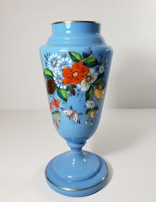 Antique Butterflies And Flowers Enamel Hand Painted Blue Bristol Glass Vase