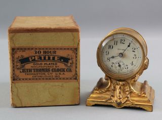 Small Rare 19thc Seth Thomas Clock 30 Hour Petite Gilded Travel Clock W/ Box