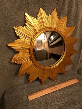 Vintage Gold,  Convex Sunburst Mirror,  Large 16” W/8” Mirror,  Wall Hanging Rare