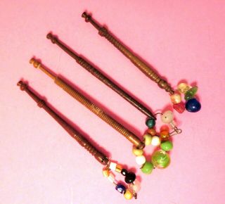 Antique 4 19th C Decorated Lace Bobbins.  Carved Banded Fruitwood