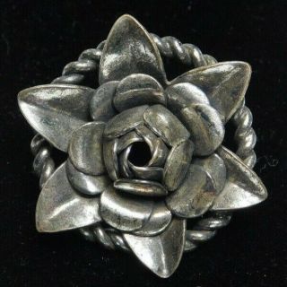 Antique Vintage Button White Metal Realistic Rose With Rope Border D12