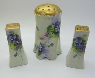 Antique Victorian Hand Painted Violets Porcelain Sugar Shaker Salt & Pepper Set