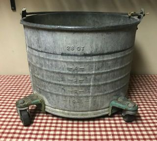 Vintage Galvanized Mop Bucket Pail With Wheels 28 Qt.  15x13”
