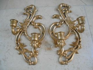 Vintage Ornate Gilt Gold Metal Candle Sconces,  Double,  Sexton