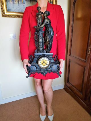 Large Antique French Bronzed Metal Figural Mantel Clock.