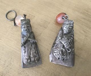 2 X Old Antique Chinese Silver Charms Carnelian Carved Bead Pendant Figure