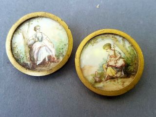 Two Antique French Hand Painted Miniature Portrait Buttons Gilt Brass Quite