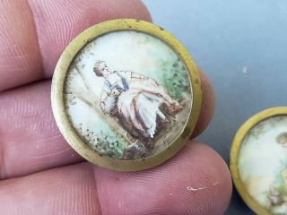 Two Antique French Hand Painted Miniature Portrait Buttons Gilt Brass Quite 2