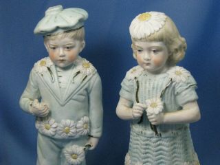 Antique Victorian Piano Baby Bisque Figurines Blue Boy & Girl With Daisies