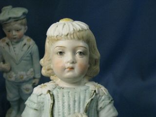 Antique Victorian Piano Baby Bisque Figurines Blue Boy & Girl with Daisies 3