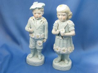Antique Victorian Piano Baby Bisque Figurines Blue Boy & Girl with Daisies 4
