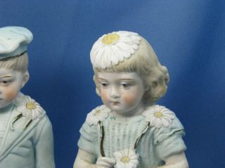 Antique Victorian Piano Baby Bisque Figurines Blue Boy & Girl with Daisies 5
