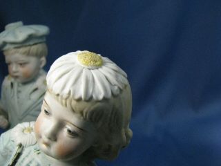 Antique Victorian Piano Baby Bisque Figurines Blue Boy & Girl with Daisies 6