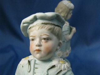 Antique Victorian Piano Baby Bisque Figurines Blue Boy & Girl with Daisies 7