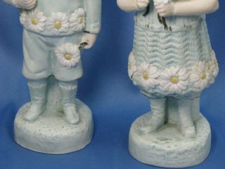 Antique Victorian Piano Baby Bisque Figurines Blue Boy & Girl with Daisies 8