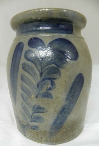 Antique Blue Decorated Stoneware Crock Greensboro,  Pa? Missing Large Chip